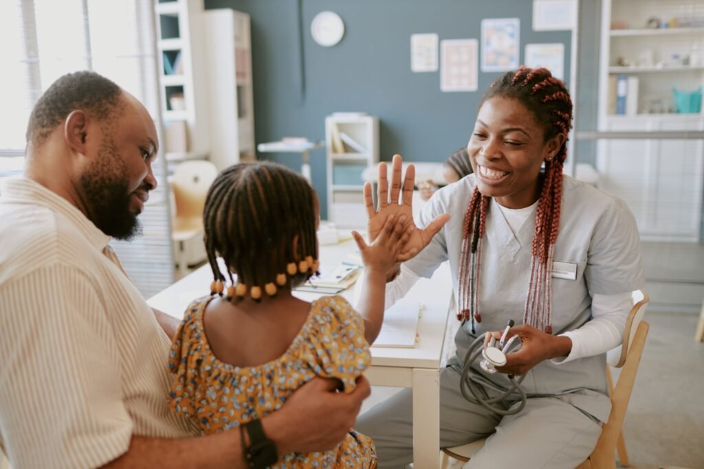 Greeting Healthcare Worker in Modern Medical Office
